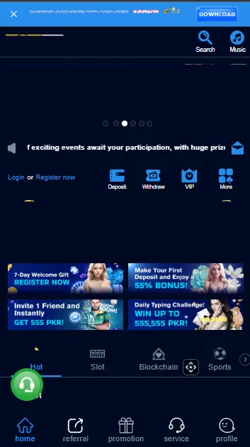 Tot55 Game homepage with game categories and features