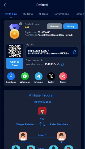 Tot55 invite and earn screen for referral bonuses