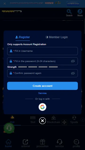 Tot55 Game Registration screen showing username and password fields