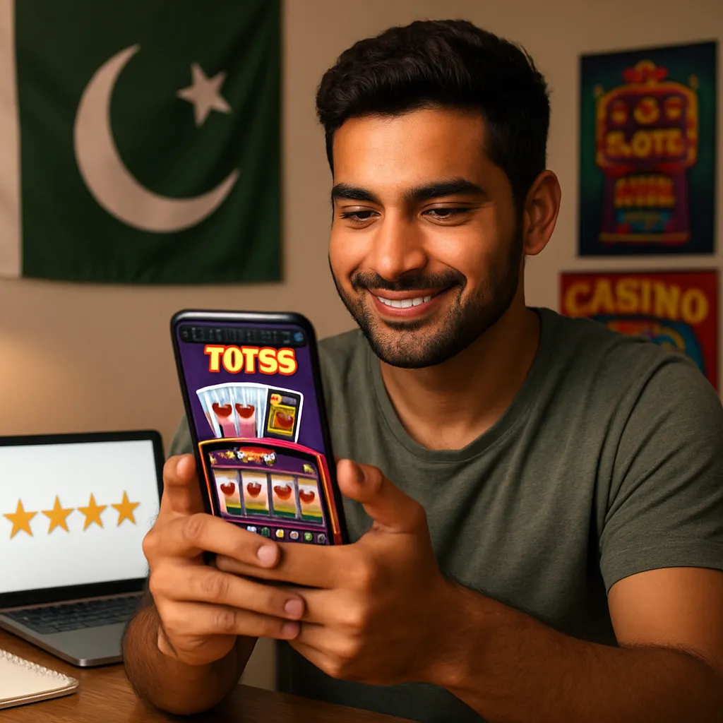 A Pakistani man in his late 20s sitting at a desk, reviewing the TOT55 casino game on a modern smartphone.